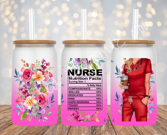 16 oz Nurse Nutrition (Female) Pink Frosted Glass Can