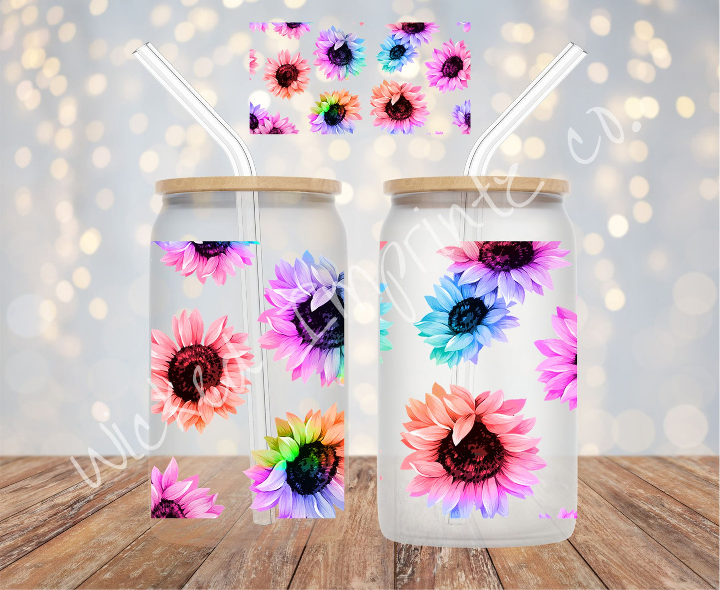 16 oz. Rainbow Sunflower - Frosted Glass Can